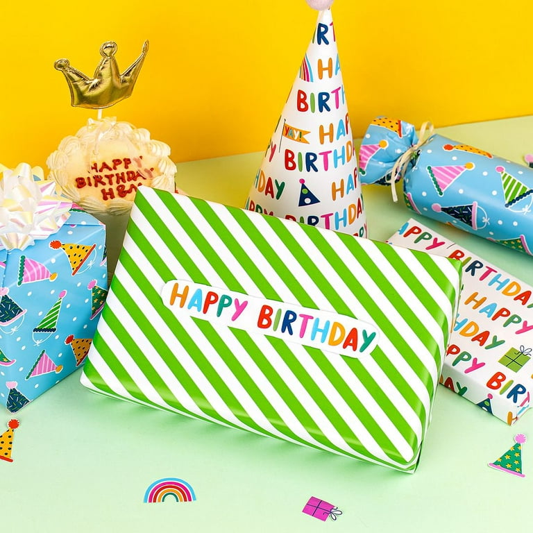 WRAPAHOLIC Birthday Wrapping Paper Roll - Mini Roll - 3 Rolls - 17 Inch X  120 Inch Per Roll - Happy Birthday Lettering and Stripe for Kid's Birthday
