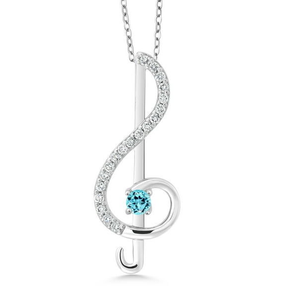 Gem Stone King 925 Sterling Silver Swiss Blue Topaz Pendant Necklace Treble Clef Music Note Jewelry Gift for Women By Keren Hanan (0.34 Cttw, with 18 inch Silver Chain)