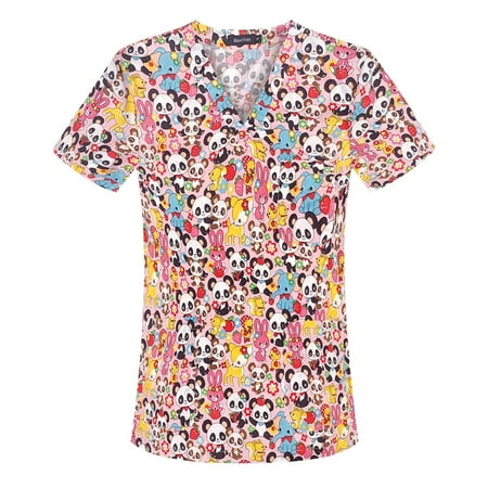 

Women Scrubs Tops Short Sleeve V Neck Cartoon Printed Top Nursed Working T Shirts Blouse With Pockets Nurse Workwear