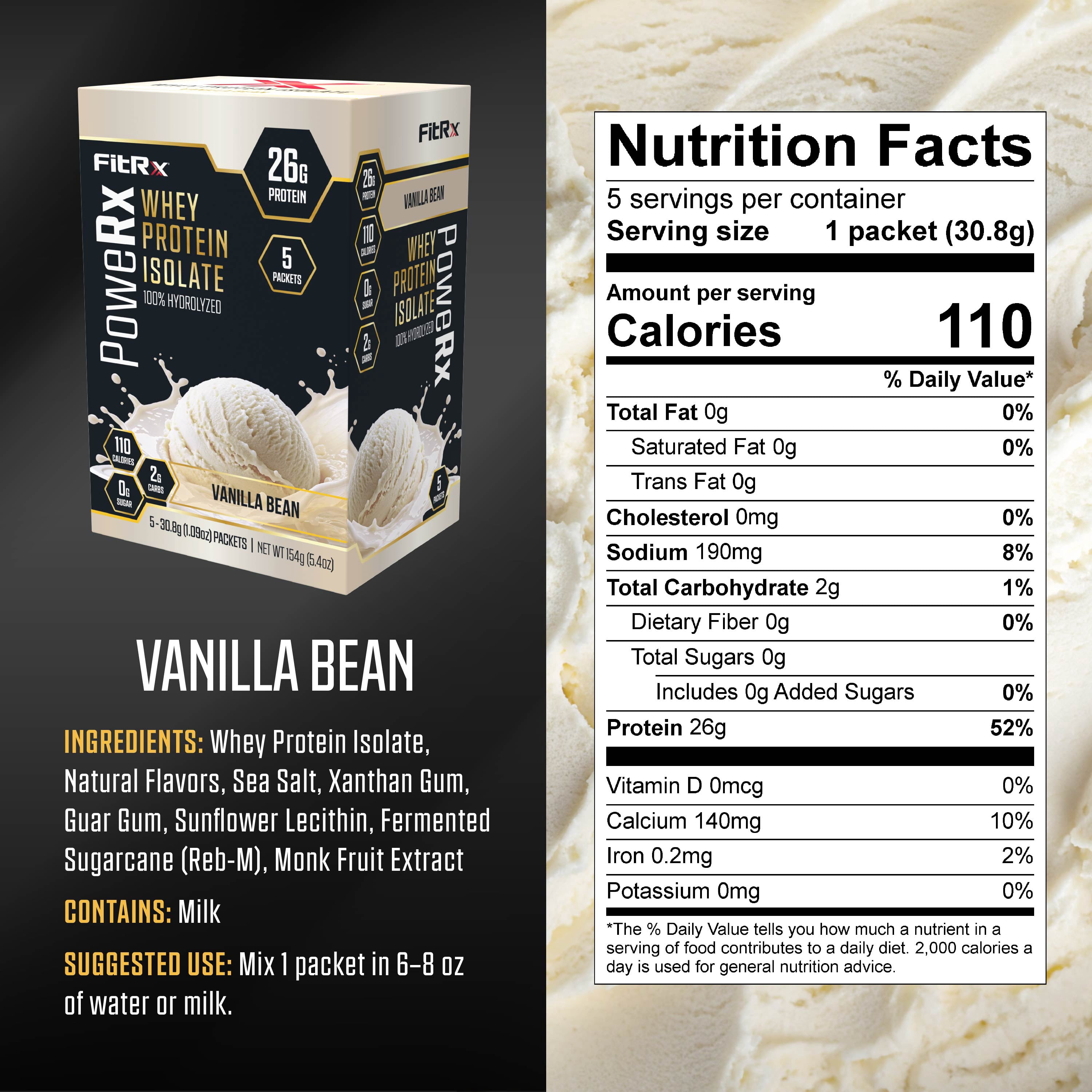 FitRx PoweRx Whey Protein Isolate – Vanilla Bean High Protein Powder, 26g Whey Isolate, 0g Sugar, 5 Servings, 5.4 oz Total
