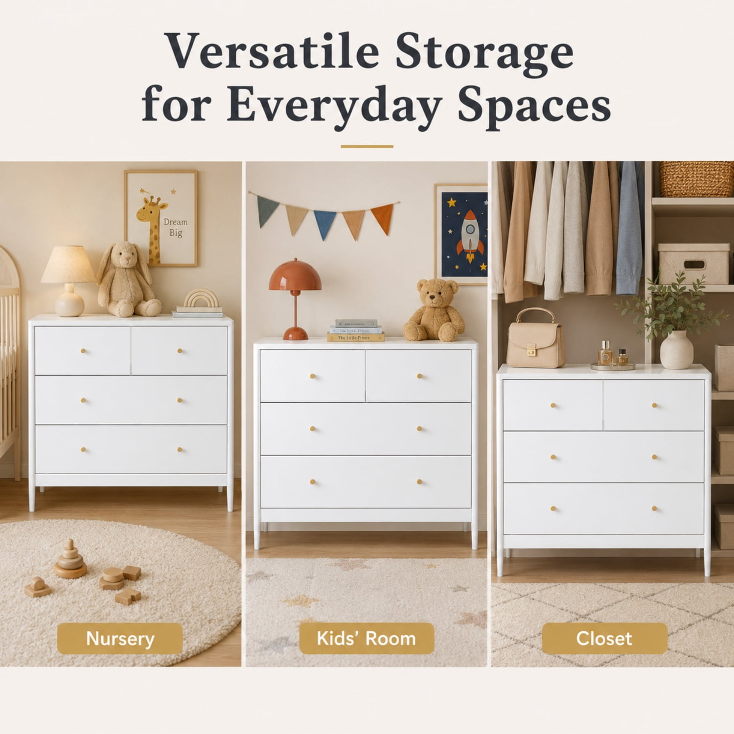 Miniyam 4 Drawer Dresser, White Chest of Drawers for Bedroom, Nursery and Kids Room
