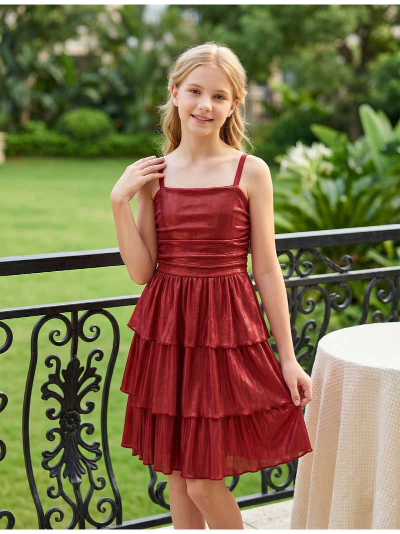Ibtom Castle Teen Girl Glitter Ruffle Metallic Adjustable Spaghetti Straps Dress Square Neck Tiered Hemline Tween Pageant Homecoming Graduation Prom