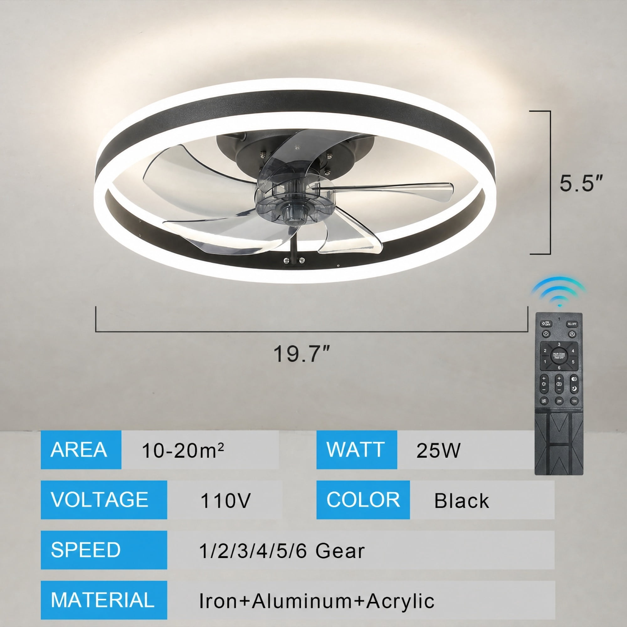 Leumius 20" Flush Mount Ceiling Fans with Lights and Remote, 3000K-6000K Dimmable LED Fandelier Low Profile Chandelier Ceiling Fan for Bedroom Living Room, Black