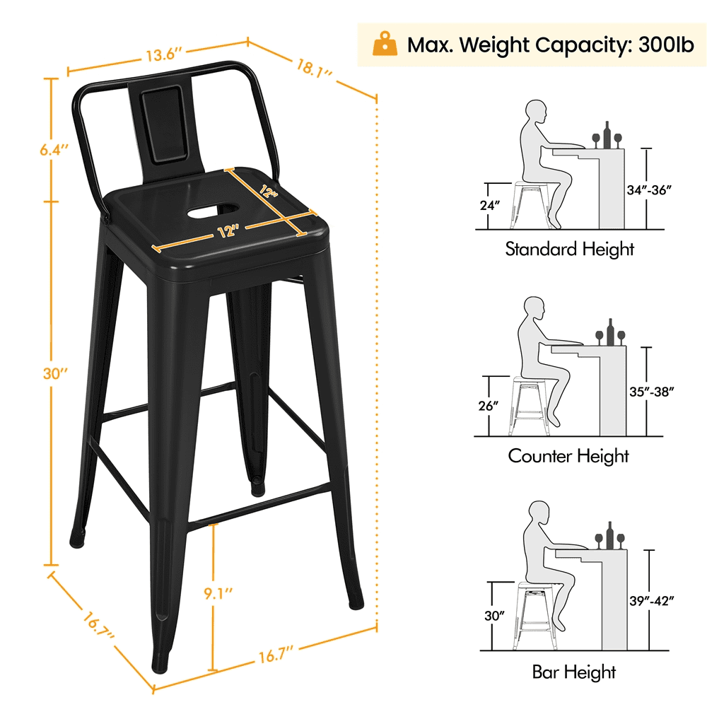 Alden Design 30″ H Metal Counter Height Bar Stools with Low Back for Home, Set of 4, Black