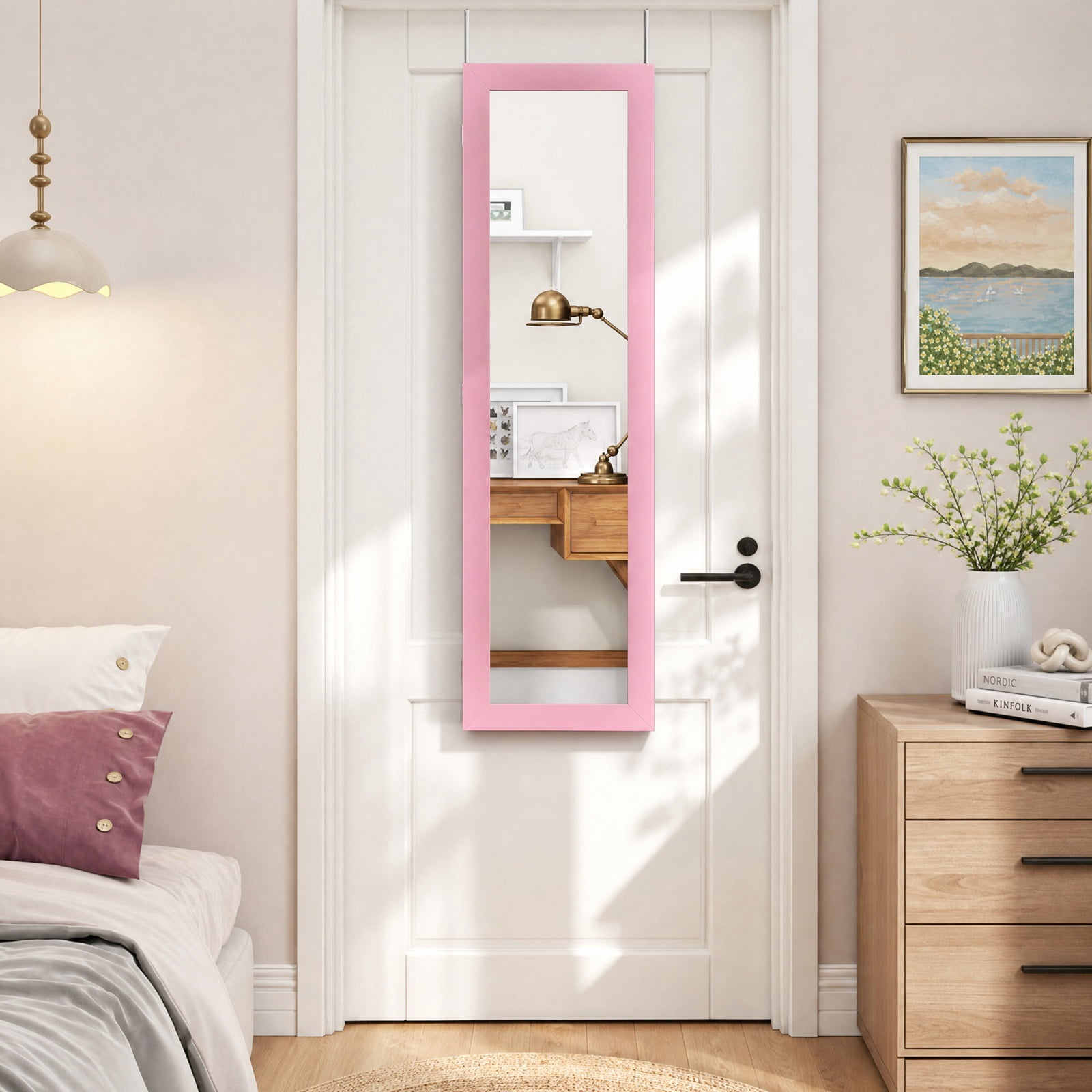 Furnibear Jewelry Cabinet Wall or Door Mounted Jewelry Armoire Modern Hanging Jewelry Organizer for Bedroom Dressing Room Jewelry Necklace, Pink