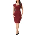 thumbnail image 2 of INSPIRE CHIC Women's Square Neck Cap Sleeve Belted Sheath Wear-to-Work Midi Dress S Wine Red, 2 of 6