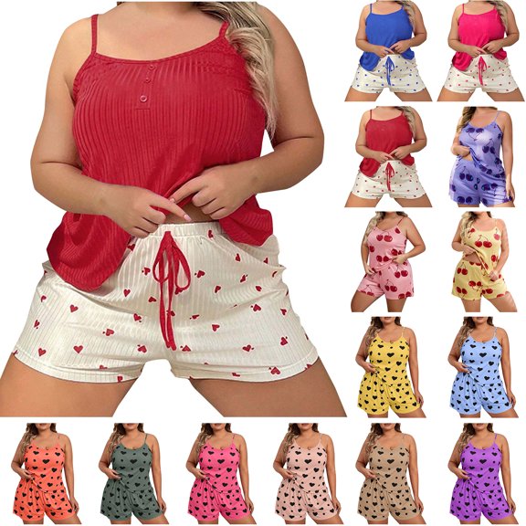 Bovxnpu Womens Plus Size Cami Pajama Sets 2 Piece Tank Top Shorts Lounge Set Plus Size Crew Neck Camisole Shorts Loungewear Set Sleepwear