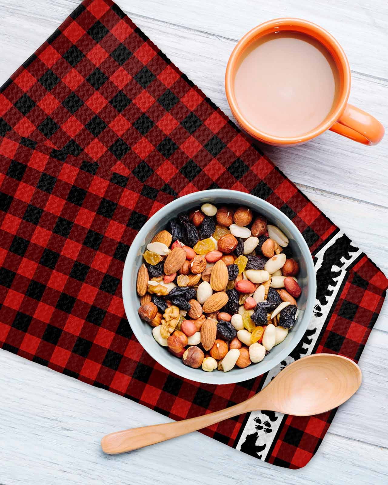 Red Black Plaid Kitchen Dish Towels for Drying Dishes Set of 4, Country Vintage Bear Buffalo Gingham Waffle Weave Microfiber Hand Tea Bathroom Towels Quick Dry & Absorbent Towel 12x12