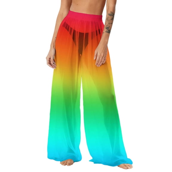 Spring Pants for Women,Women See Through Sheer Mesh Pants Beach Swimsuit Bikini Bottom Cover up Party Club Elastic High Waist Wide Leg Pants
