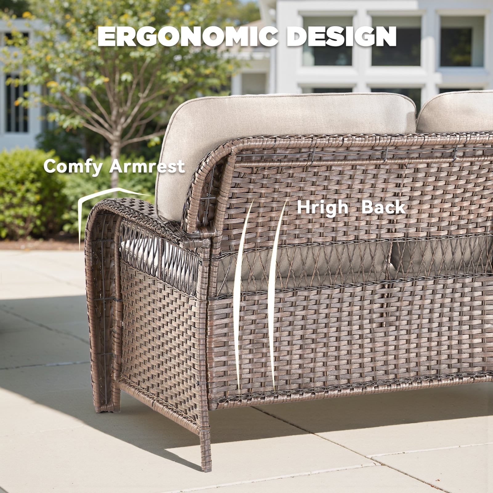 Hommoo 75.2" Outdoor Brown Wicker Patio Sofa with Cushions, Outdoor 2 Seat Patio Furniture Sofa Couch, for Porch or Backyard, Beige