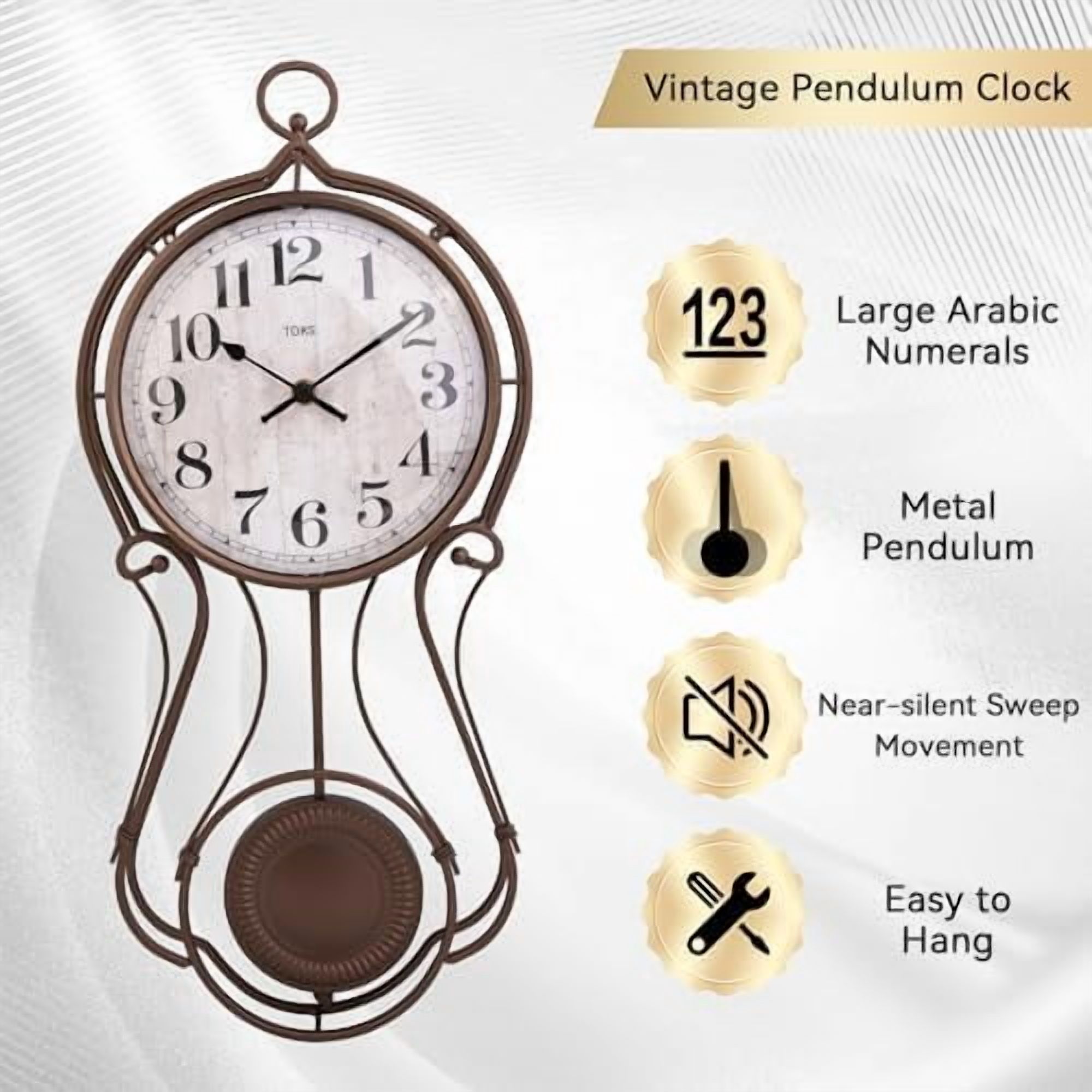 Antique Metal Pendulum Wall Clock - Elegant Regulator Clock for for Living Room & Home Decor & Kitchen Decor & Wall Décor