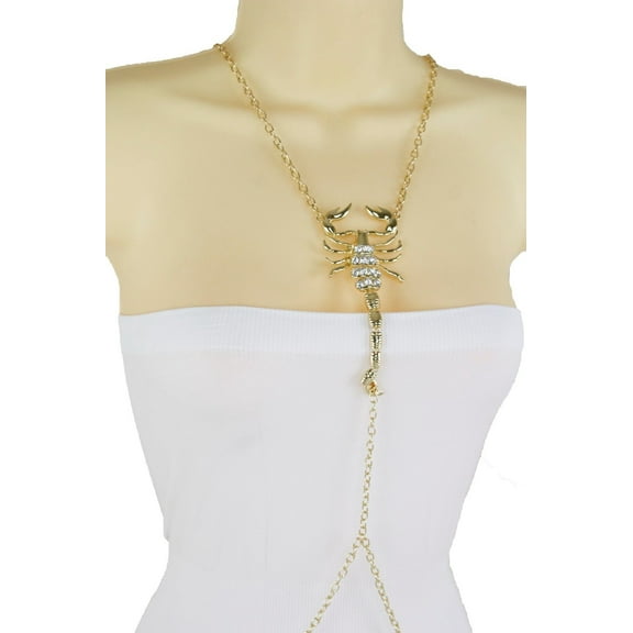 Women Gold Metal Full Body Chain Harness Fashion Jewelry Scorpion Bling Necklace