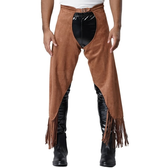 TiaoBug Men's Vintage Cowboy Chaps Fringe Tassels Pants for Western Themed Parties Brown L