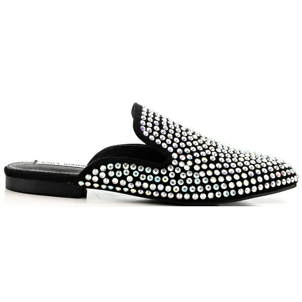 Cape Robbin - Pixie-2 Women Pointed Toe Slip On Slides Mules Rhinestone Bling Flats Black