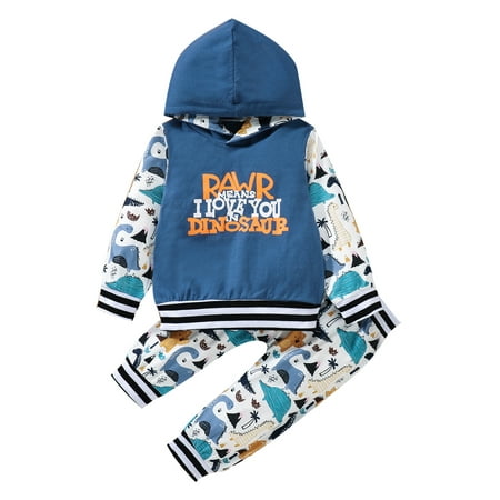 

Xingqing Toddler Kids Baby Boy Long Sleeve Hooded Sweatshirt Tops Cartoon Dinosaur Print Long Pant 2PCS Outfits Set 3-4 Years