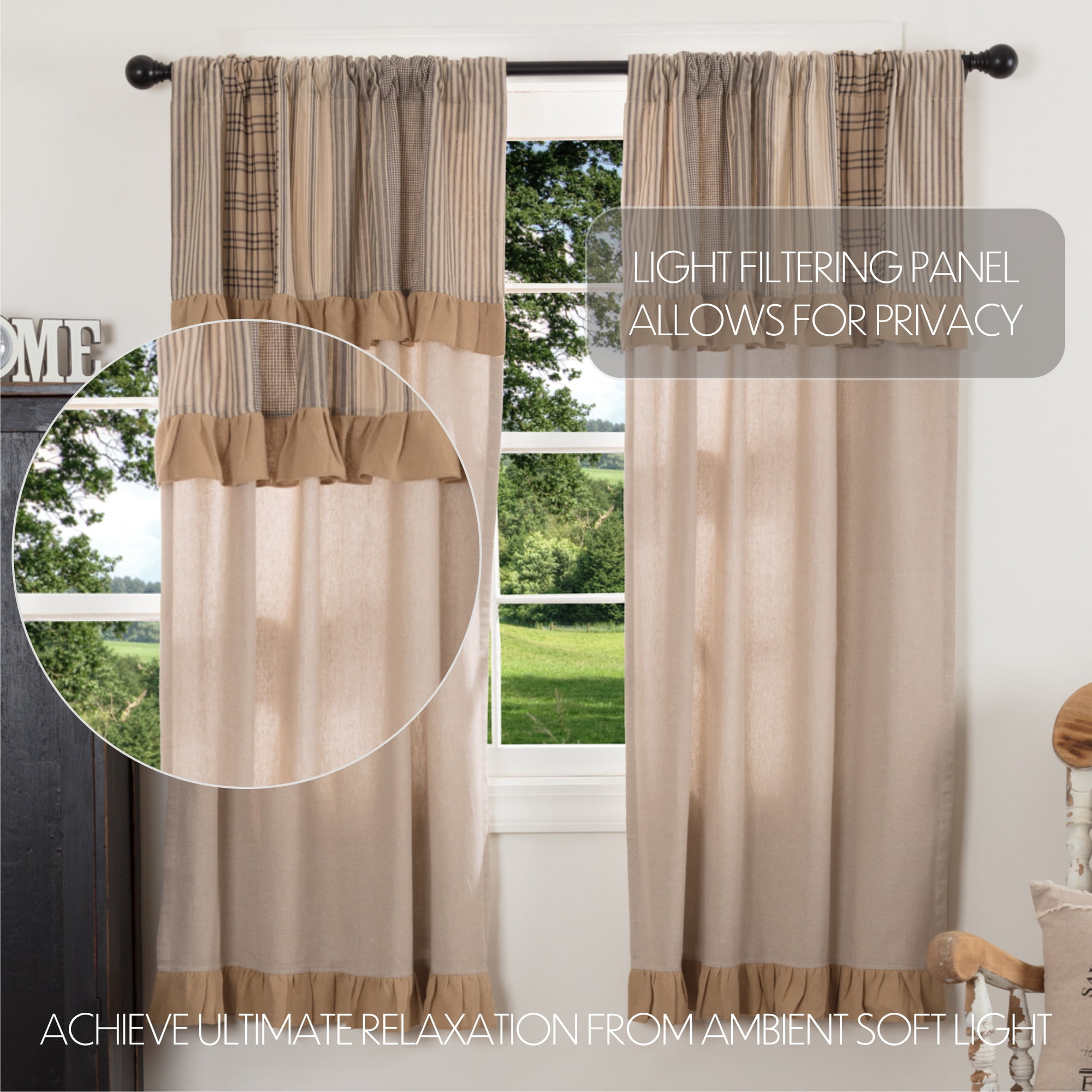 VHC Brands Sawyer Mill Curtain, Panel 63x36, Charcoal Khaki Tan