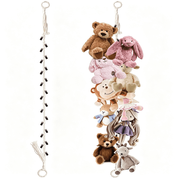 XENAKY 80" Beige Hanging Stuffed Animal Storage Chain, Cotton Stuffed Animal Display Holder Plush Qrganizer with 20 Metal Clips for Nursery Room Corner Wall Decor Play Room