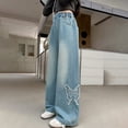 thumbnail image 3 of YunPes Girls Wide Leg Jeans Butterfly Embroidered Aesthetic Denim Pants High Elastic Waist Patchwork Jeans Y2K Cute Preppy Trousers, 3 of 8