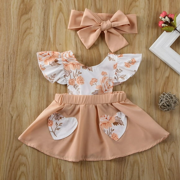 Toddler Baby Girl Floral Printing Romper Bodysuit Skirts Headband Outfits Backless Noble Love Pattern