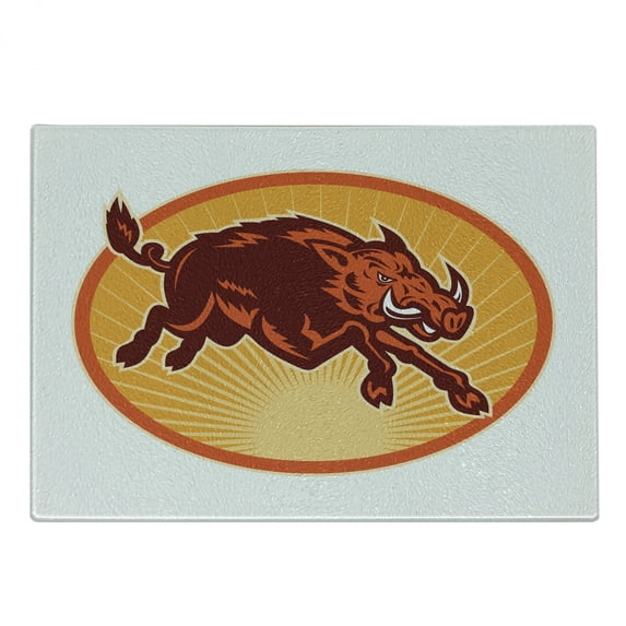 Razorback Cutting Board, Retro Emblem Design of Attacking Wild Boar in Oval Frame, Decorative Tempered Glass Cutting and Serving Board, in 3 Sizes, by Ambesonne