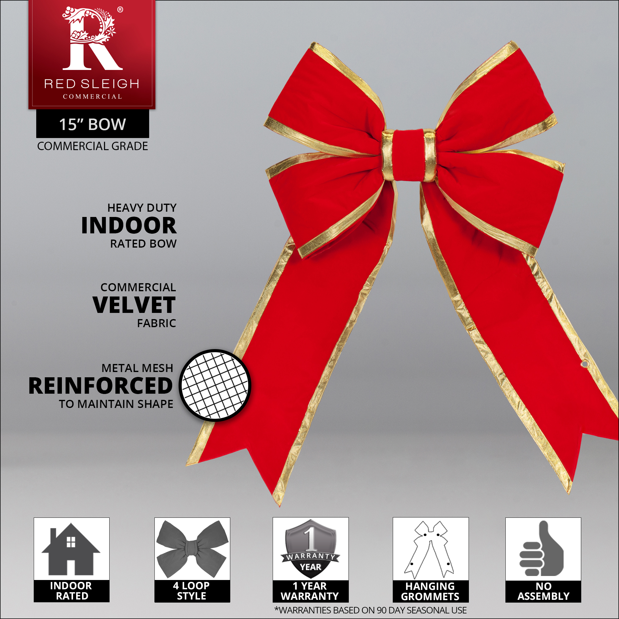 Red Indoor Christmas Bow, Heavy Duty Velvet 4-Loop Bow with Gold Trim, 15 Inch