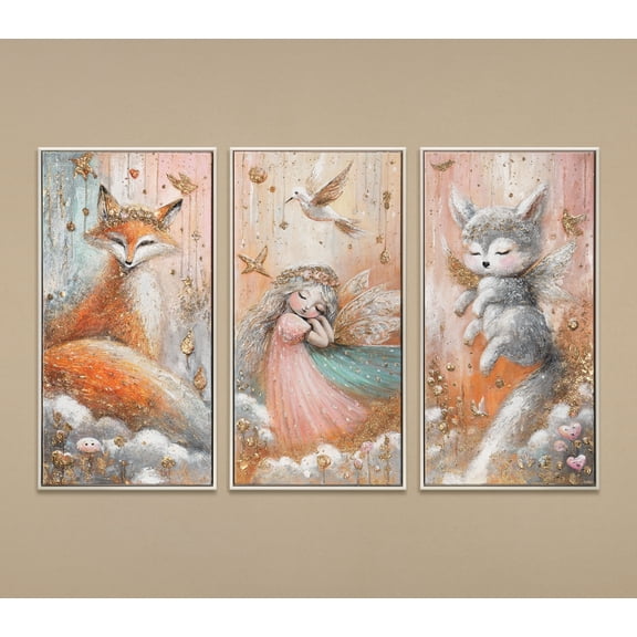 YS-Art Magical World Triptych Wall Art with Beige Frame, Handcrafted Decor for Kids’ Rooms, 32x48 in