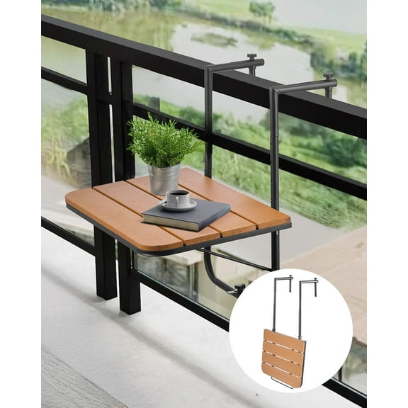 VEVOR Balcony Hanging Table, 25 x 24 in Folding Balcony Railing Table, Outdoor Balcony Bar Table for Railings, 4-Level Adjustable, Fit Railing from 1" to 5.5", Serving Table for Patio & Deck