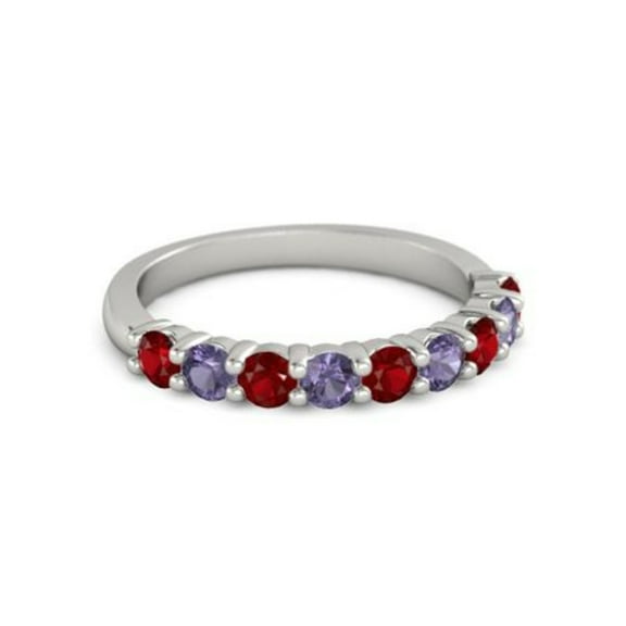 925 Sterling Silver Round 2.50 MM Ruby Iolite Half Eternity Women Wedding Ring Size US- 4
