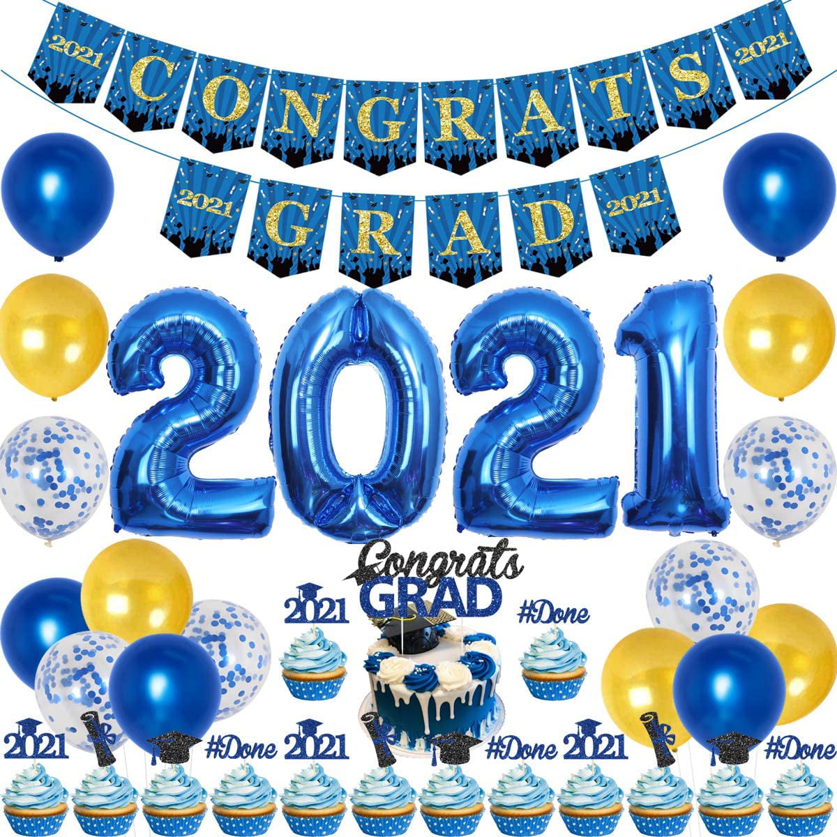 Congrats Grad Cake Topper for Class of 2021 Graduation Party Decorations,Funny Golden