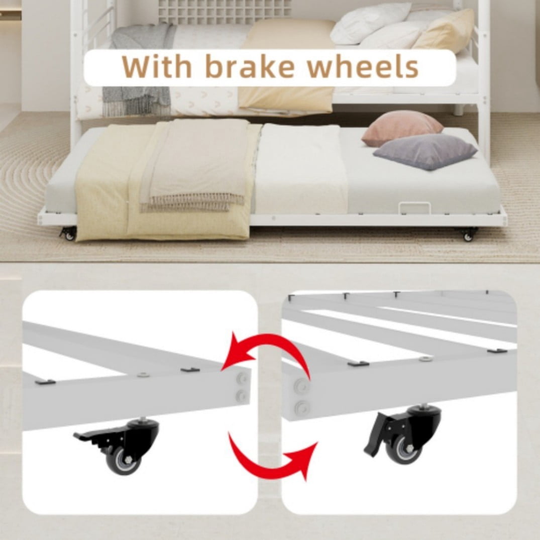 Twin Triple Bunk Bed, 3-in-1 Convertible Metal Bunk Bed Frame, Space-Saving Design with Guardrails & Ladder, Heavy-Duty Iron, White