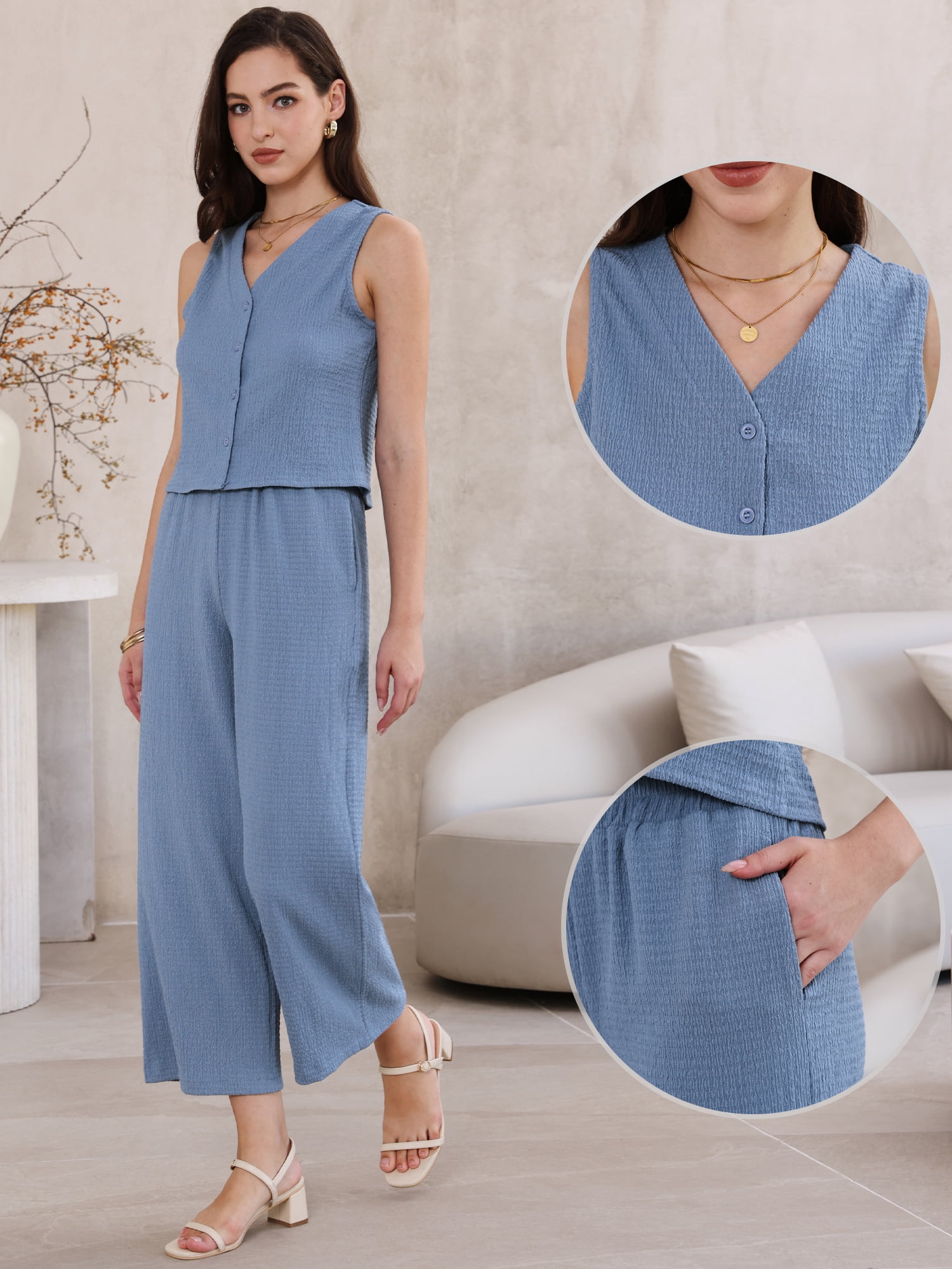 DARING DIVA Women's 2 Piece Sets extured Casual Lounge Pants Suit Matching Set XL Blue