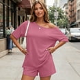 thumbnail image 4 of Dresfit Shorts Sets for Women Off Shoulder Crew Neck Short Sleeve Tops & Mini Shorts 2 Piece Outfits Summer 2026 Wrinkle Resistant Oversized Sweatsuits L, 4 of 6