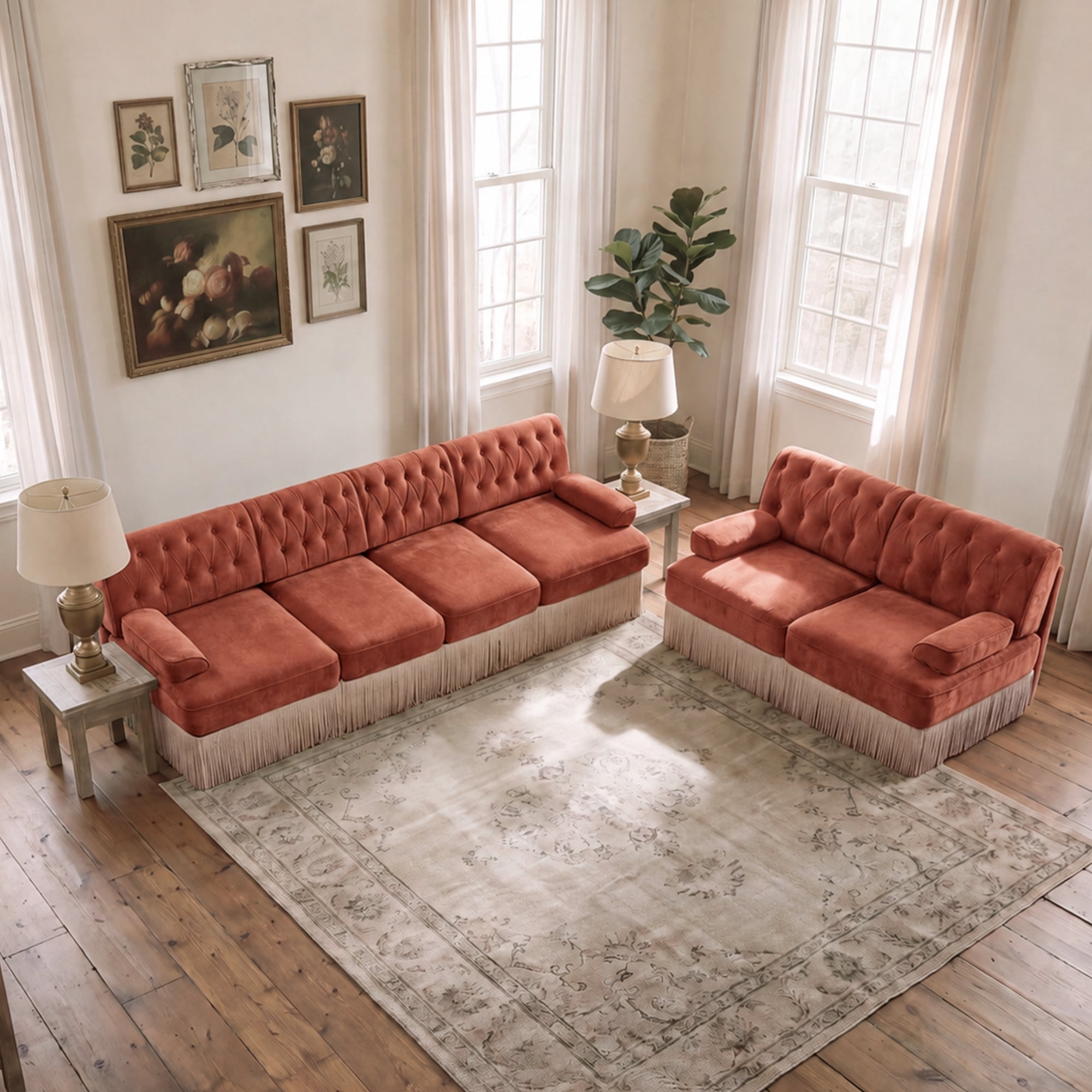 2‑Piece Sectional Sofa Set, 1 Pcs Loveseat & 1 Pcs 135" 4‑Seater Sofa Couch Set with Tassel Skirt