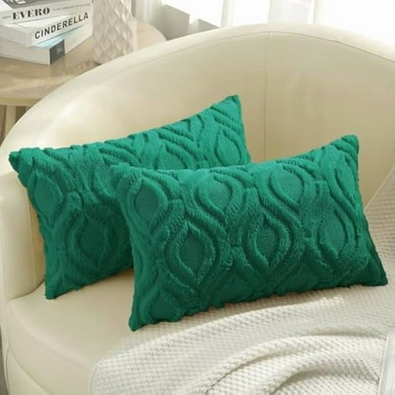 Wanhoo Decorative Throw Pillow Covers 12x20, Soft Plush Faux Wool Lumbar Couch Pillow Covers for Home, Set of 2, Green