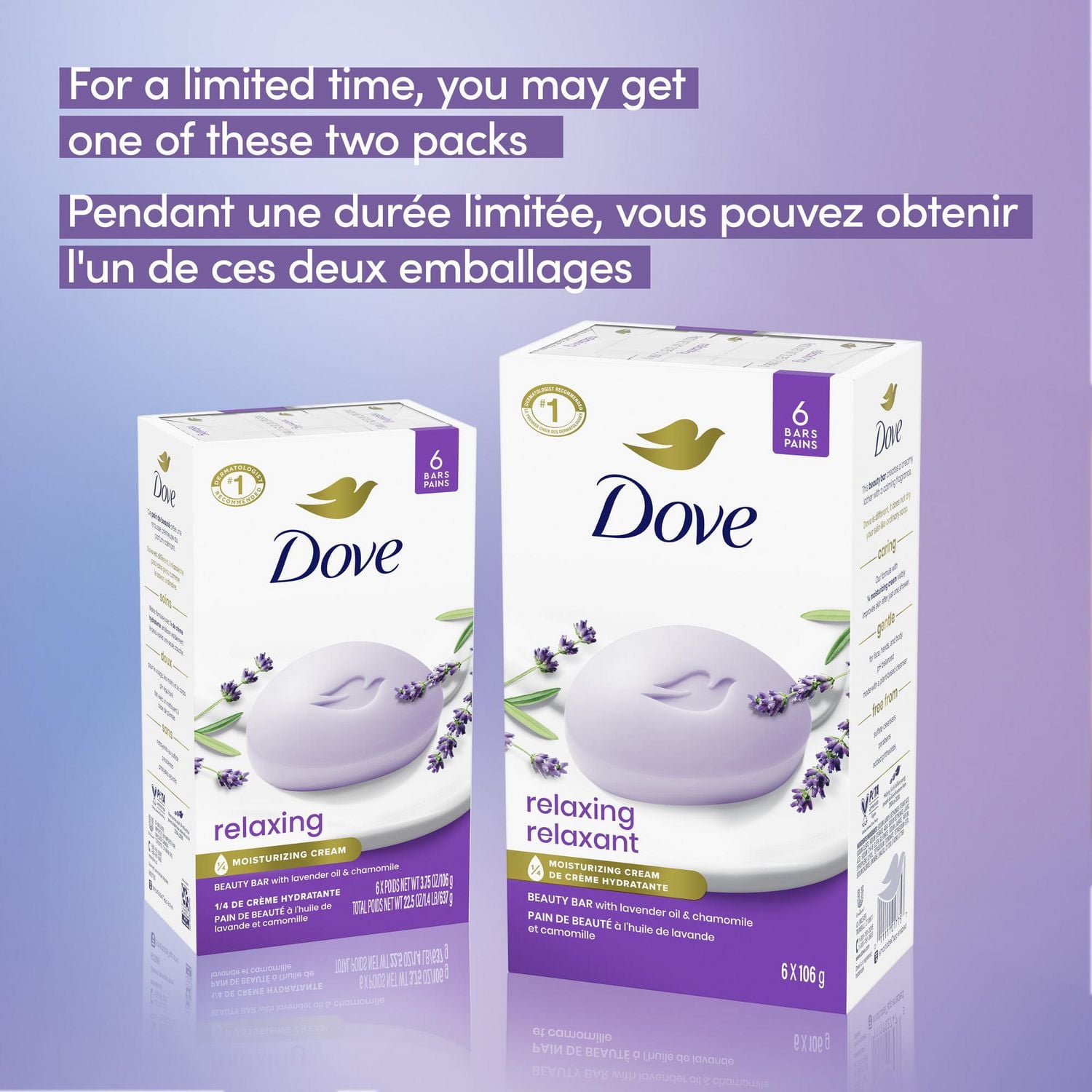 Dove Beauty Bar Soap for moisturized Skin, Relaxing Lavender Oil & Chamomile Calms dry Skin, 106g (Pack of 6)