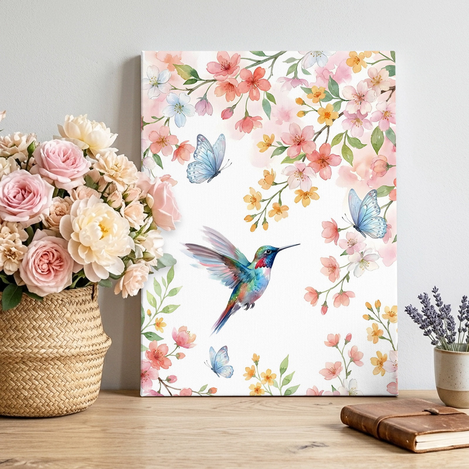 Spring Bird Canvas Wall Art for Living Room Pink Orange Flower Branch Blue Butterfly Country Wall Decor Framed Artwork Pictures Ready to Hang for Bedroom Office Home Decor 24x32 Inch