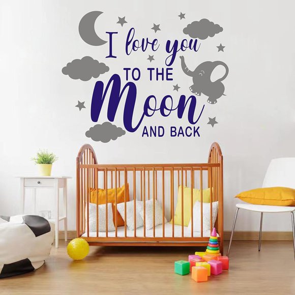 DDK Elephant & Moon Wall Stickers - I Love You to the Moon and Back - Blue, Grey - Vinyl, Matte - Whimsical Style - Indoor Use - 30 Count - Wall Art