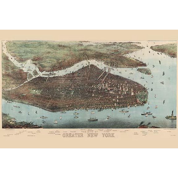 Birds-eye view of Manhattan, New York- Fine Art Canvas Print (20" x 30")