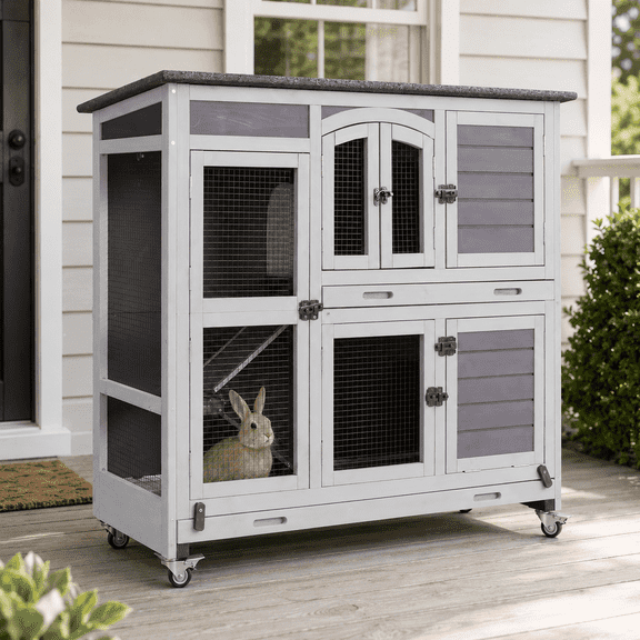 Aivituvin Wood Rabbit Hutch Bunny Cage with Wheel, Two Layer Guinea Pig House for Outdoors & Indoors