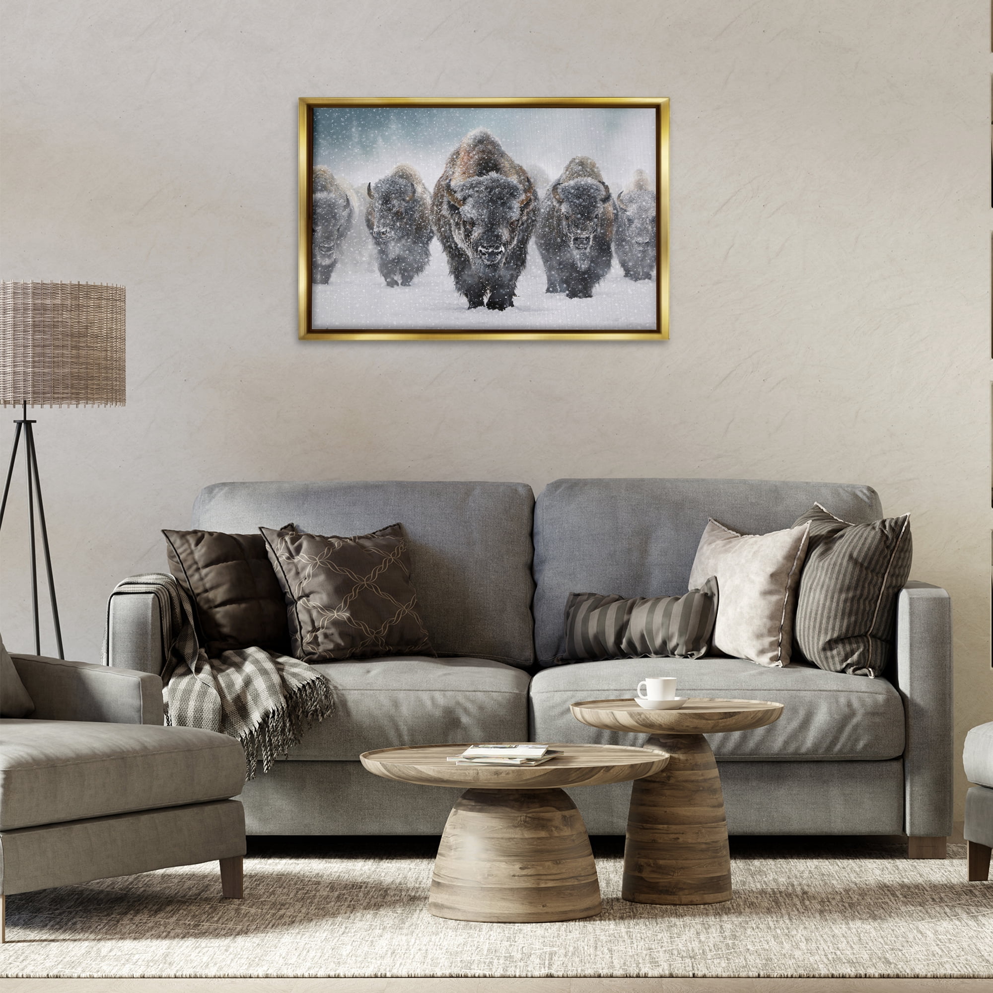 Stupell Industries Indomitable Bison in Snow Animals Photography Gold Floater Framed Canvas Art Print Wall Art, 31 x 21