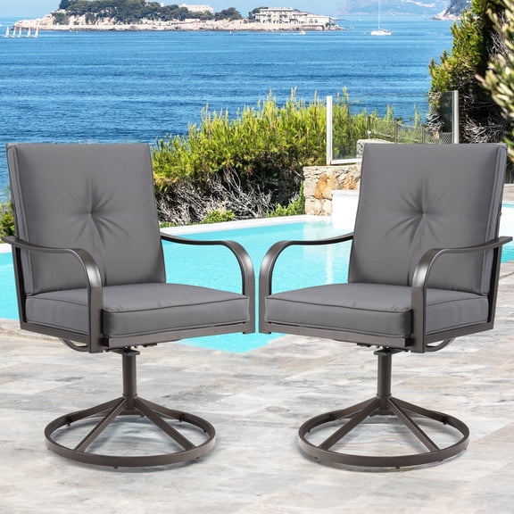 Outdoor Swivel Dining Chairs Set of 2, Heavy Duty Metal Chairs with Thickened Cushions for Garden, Lawn and Porch, Gray