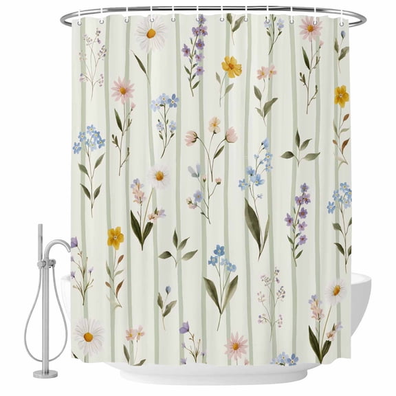Spring Floral Shower Curtain Set - 72" x 78" Washable Bathtub Curtain with 12 Hooks, Summer Botanical Sage Green Striped Waterproof Fabric Stall Shower Curtains for Bathroom/Bathtub Décor