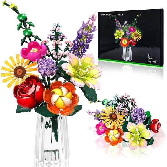 Flowers Bouquet Building Toy Set, 9 Kinds of Flowers Botanical Collection Compatible with Lego, Mother's Day, Birthdays, Gifts, Ideal for 6  Women Girls Adults, No Vase