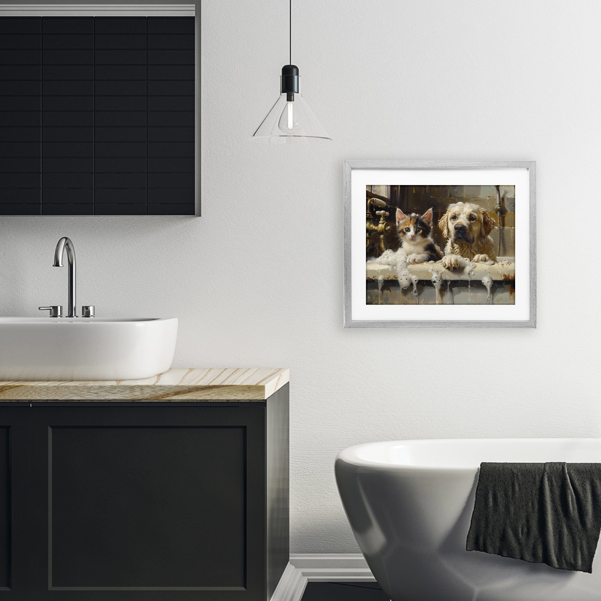 Bath Buddies Cat & Dog Gray Framed Print Under Glass, design by Shawna Stewart