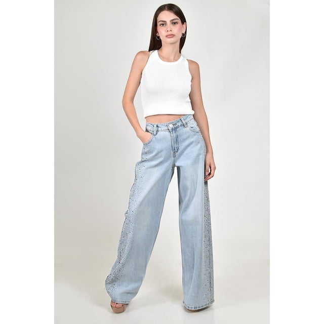 Jean Wide Leg con pedreria /Juvenil, 0626 (Azul claro) azul 15