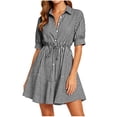 thumbnail image 2 of Sokhug Shirt Dresses for Women Striped Puff Sleeve Turn Down Collared Waist Tie Flared Hem Casual A Line Mini Dresses, 2 of 6