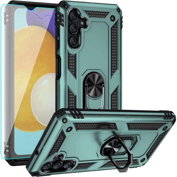 for Galaxy A13 5G Case, Samsung A13 5G Case,with HD Screen Protector, [Military Grade] Ring Car Mount Kickstand Hybrid Hard PC Soft TPU Shockproof Protective Case for A13 5G (Dark Green)