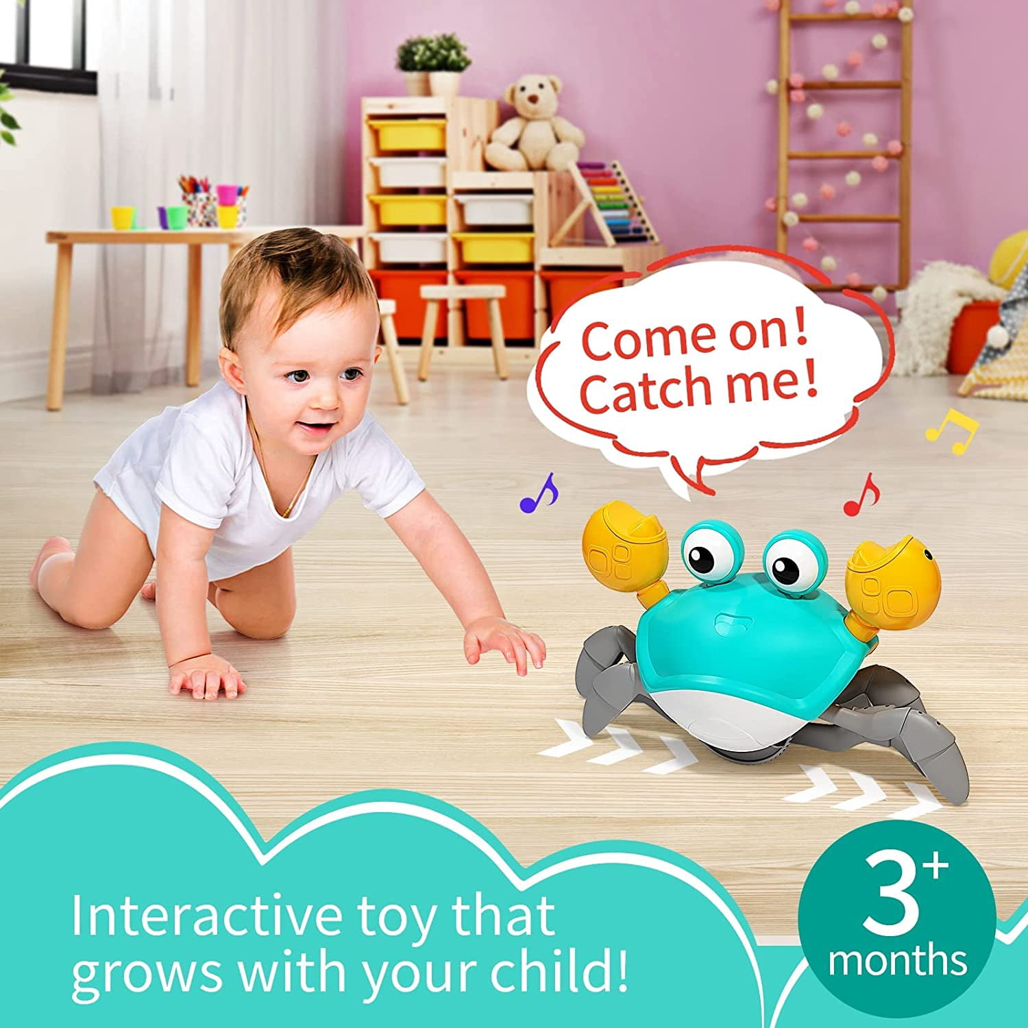 Crawling Crab Baby Toys with Music and LED Light for Kids Toddles - Interactive Infrared Induction RC Toys with Automatically Avoid Obstacles - USB Rechargeable Electronics Toys for Boy and Girl Gift