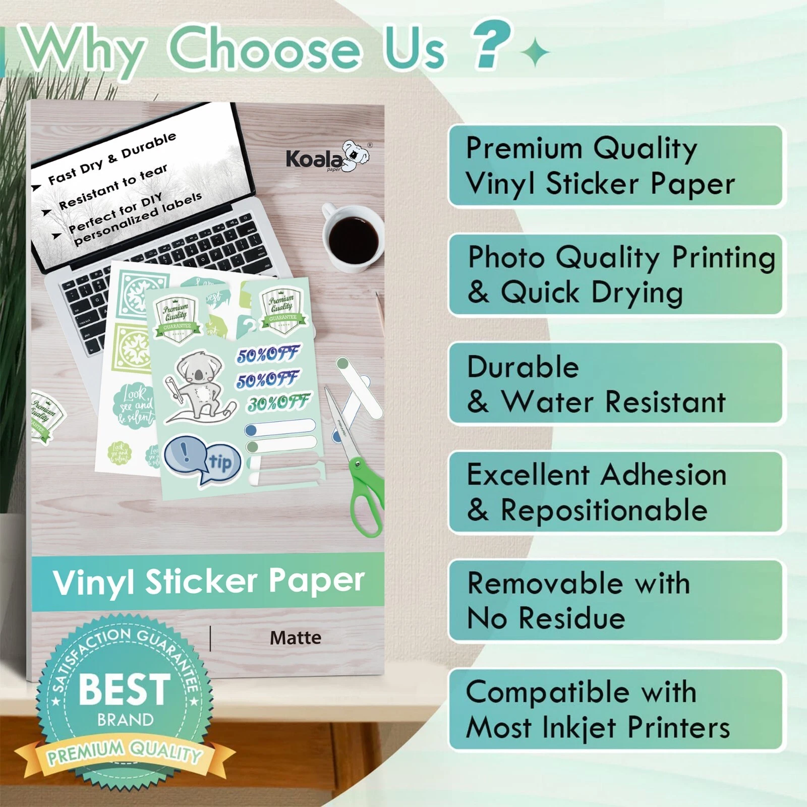 Koala Printable Vinyl Sticker Paper 13x19，Waterproof，Matte White, 30 Count, for Inkjet + Laser Printers