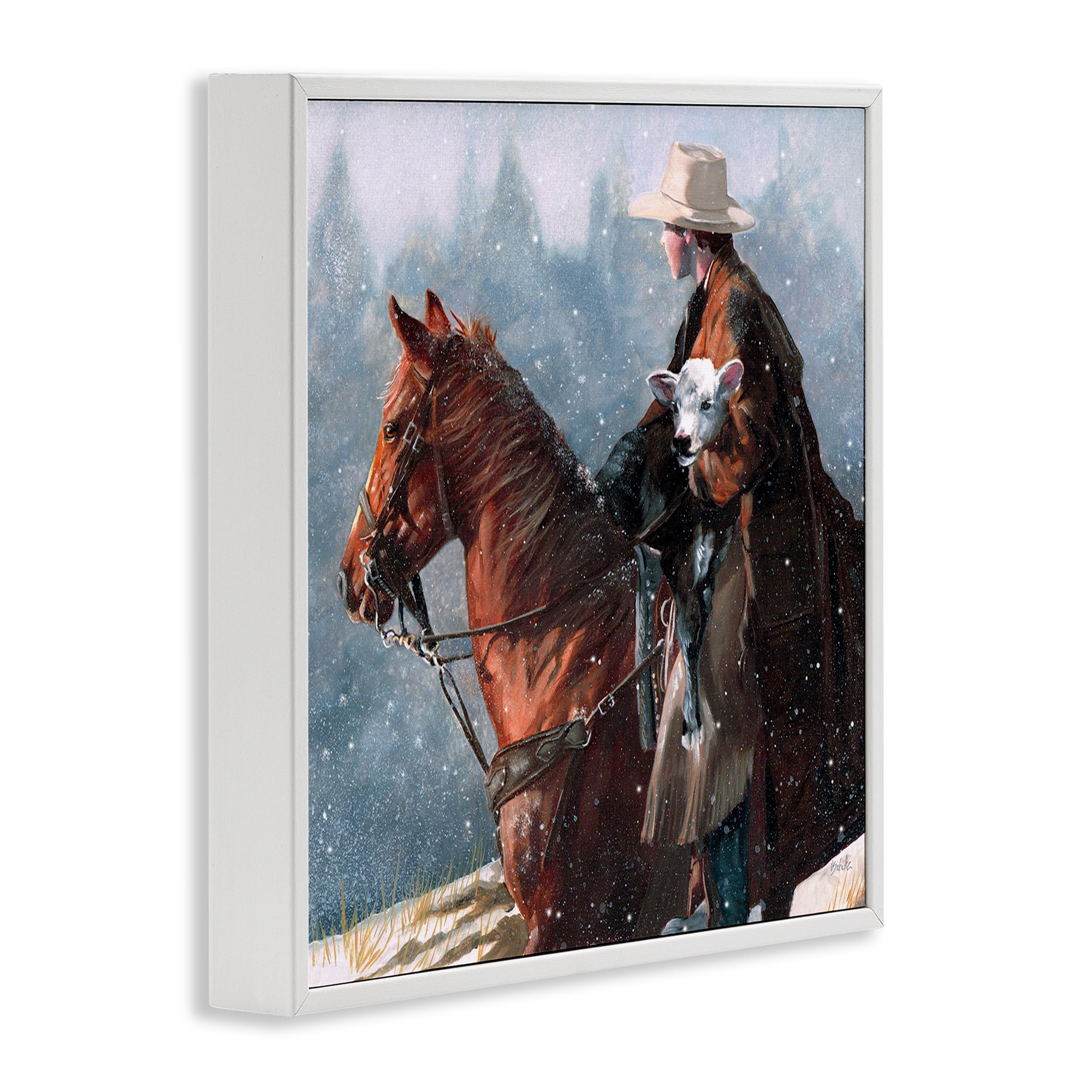 Stupell Industries Cowboy Snow Scene Animals & Insects Painting White Framed Art Print Wall Art, 17 x 17